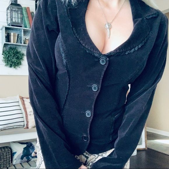 Vintage 90s Lip Service Hot Topic black velvet corset lace up back blazer jacket - Picture 5 of 12